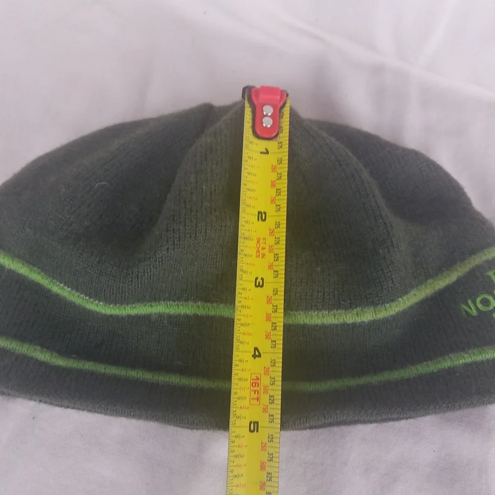 The North Face‎ Kids Beanie Hat Dark Green Lime Green Striped Fleece Lined Knit